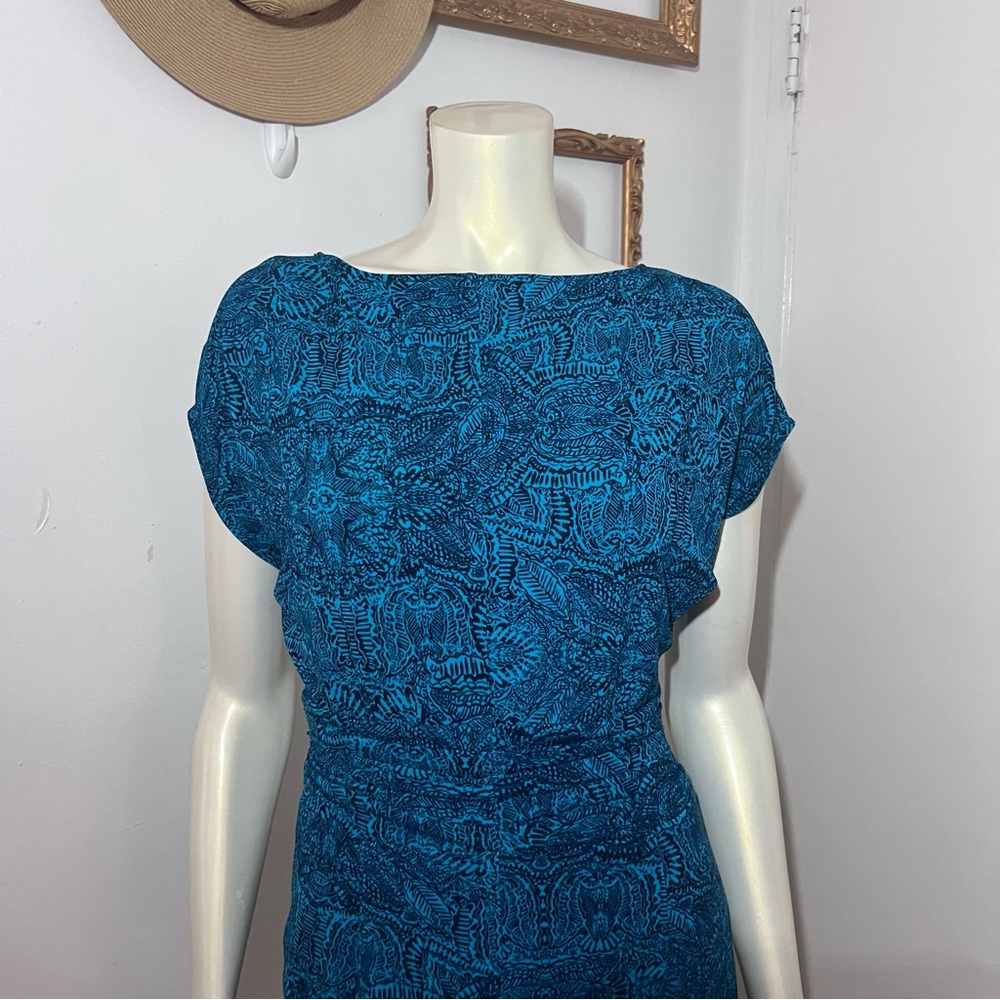 Ann Taylor Extra Small Petite Dress Turquoise Boat Neck Roushing gorgeous ZZ - Picture 5 of 10
